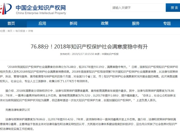 76.88分！2018年知識產(chǎn)權保護社會(huì )滿(mǎn)意度穩中有升